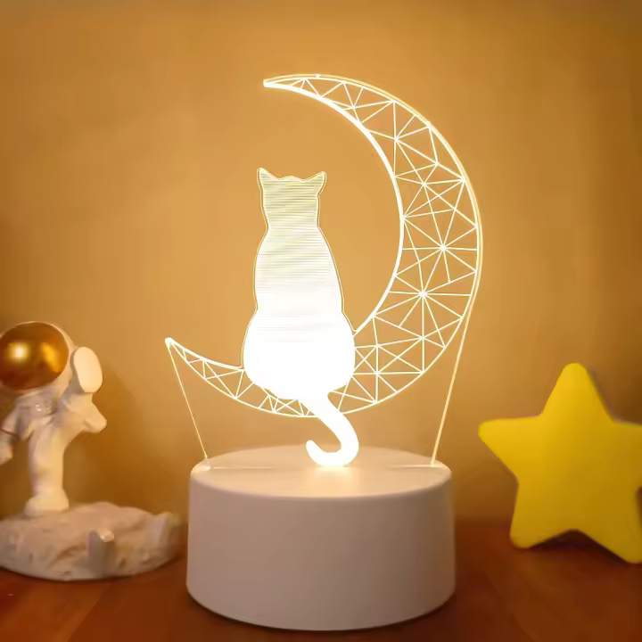 Lámpara De Noche 3D De Gato Lunar Con Ilusión Óptica Y Toque Cambio De Color Ambiental De 7 Colores Para Dormitorio - 1