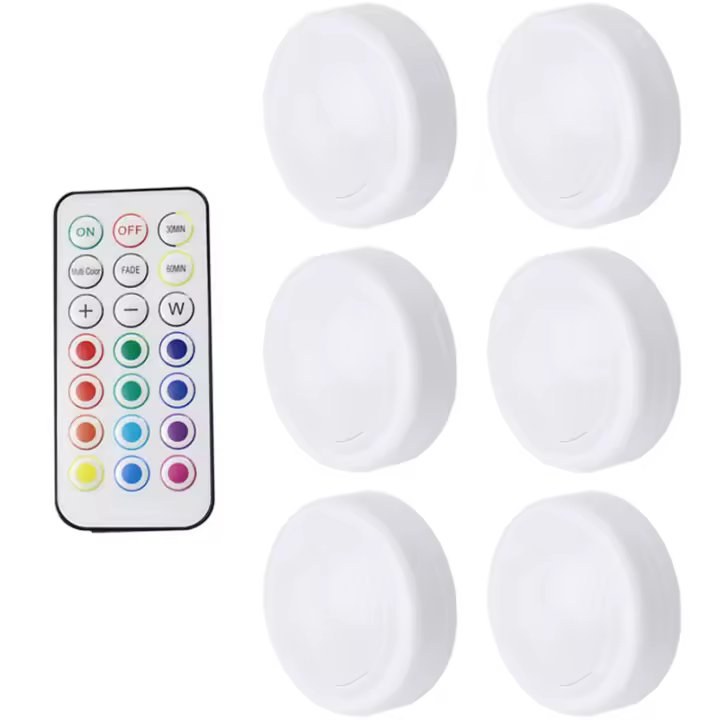 Paquete de 6 luces de armario de 1W, RGB LED noche luz 13 colores brillo ajustable inalámbrico para cocina, dormitorio, cómoda, pasillo alimentado por batería con 1 control remoto - 1