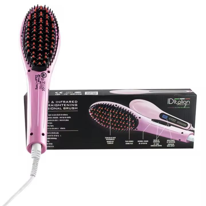 Italian Design - Cepillo Alisador Eléctrico 50W para el Pelo con Placa de Cerámica y Control Profesional de Temperatura - Alisa el Cabello Mientras lo Cepillas, Elimina el Encrespamiento, Sella las Cutículas y Proporciona Brillo - Color Rosa - 1