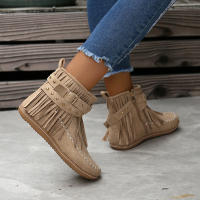 Botines De Otoño Para Mujer Zapatos Planos Botas De Tobillo Retro En Cuero Suelto Con Borlas Punta Redonda Suave Casual - details 16