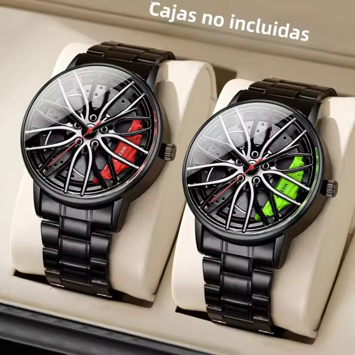 Reloj De Negocios Para Hombre 2PCS Moda Dial De Rueda De Coche 3D Reloj Deportivo Acero Inoxidable Análogo Quartzo Sin Caja - 1