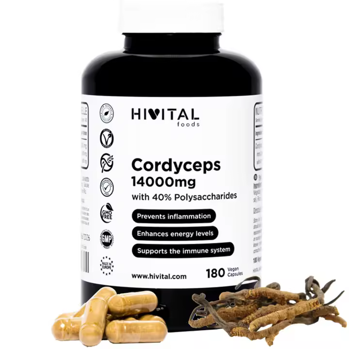 Cordyceps 14000 mg. 180 cápsulas veganas para 3 meses. Cordyceps Sinensis CS-4 con 40% Polisacáridos. Extracto Natural de Hongo Cordyceps para mejorar la energía y reducir el cansancio y la fatiga. Hivital - 1