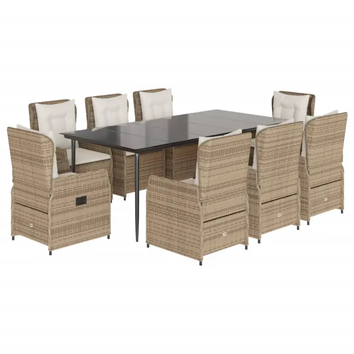 vidaXL Set comedor de jardín 9 pzas con cojines ratán sintético beige - 1
