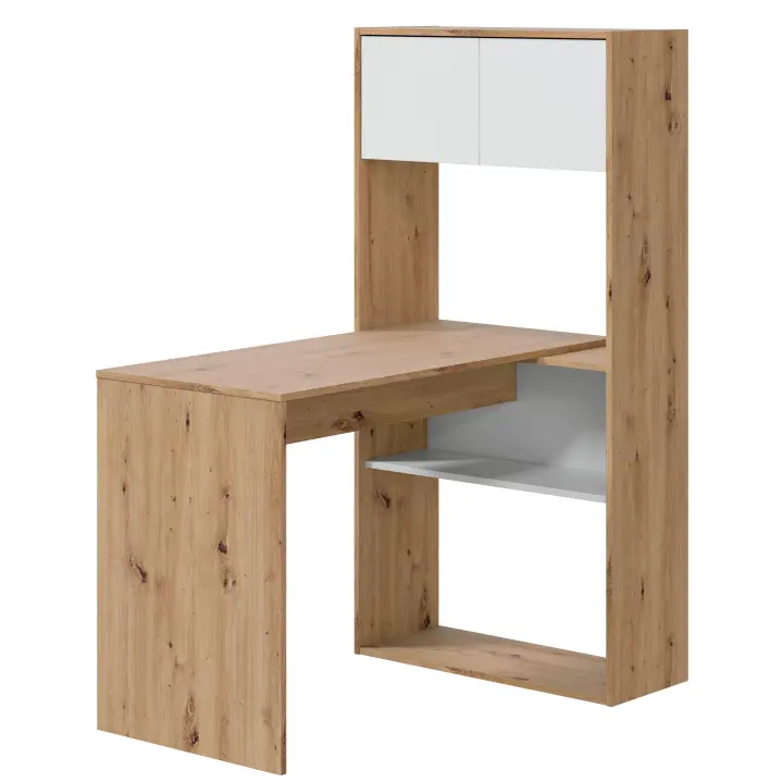 Meimon Escritorio Duett Reversible en Roble Nodi y Blanco Artik,Escritorio Modular con 3 Posiciones, Estilo Nórdico Juvenil, Con Estantería y Almacenaje, Melamina de Alta Calidad, Ahorra Espacio  Fácil Montaje - 1