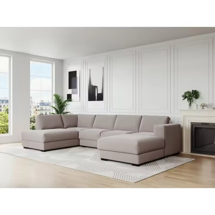 Vente-unique - Sofá rinconera panorámico derecho de tela beige MESETA - 1