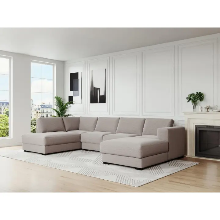 Vente-unique - Sofá rinconera panorámico derecho de tela beige MESETA - 1