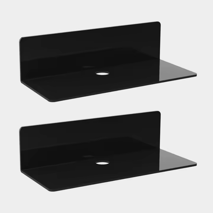 Estante flotante de pared acrílico de 2 piezas, 23 x 9,5 cm, estante adhesivo sin perforaciones con 4 clips para cables, estante pequeño para oficina, baño, cocina, dormitorio, negro - 1