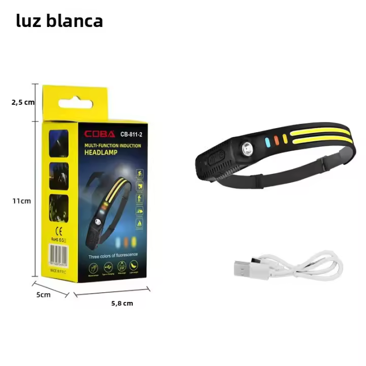 Linterna Frontal LED Recargable USB Con Sensor Y Batería Integrada Para Camping Pesca Y Excursiones Nocturnas Luz De Búsqueda Potente Y Ángulo Amplio 180° Impermeable - 1