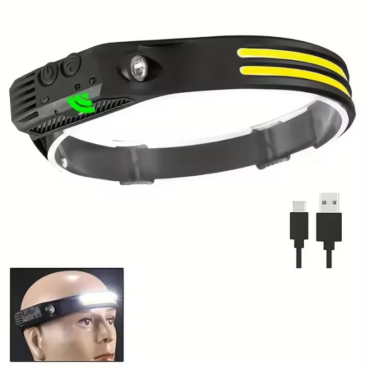 Linterna Frontal LED Potente Recargable USB Con Sensor Para Camping Pesca Y Correr 5 Modos Luz COB Ángulo De Haz 60° Impermeable - 1