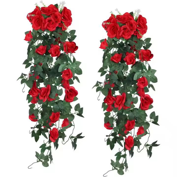 Flores colgantes Plantas colgantes artificiales 2 piezas 3,3 pies Rosa artificial Plantas colgantes Decoración de boda interior y exterior (rojo) - 1