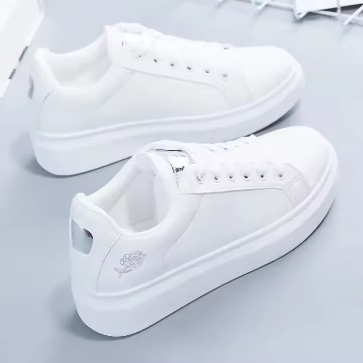 Zapatos De Mujer Blancos Transpirables Para Correr 2023 Primavera/Otoño Con Bordado De Flores Zapatos Casuales Con Cordones - 1