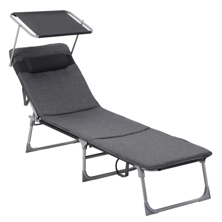 Tumbona Plegable con Colchón de 3 cm y Parasol, Respaldo Inclinable, Ideal para Jardín, Piscina y Terraza, Gris Oscuro, Capacidad 150 kg, 193x53x29,5 cm - 1