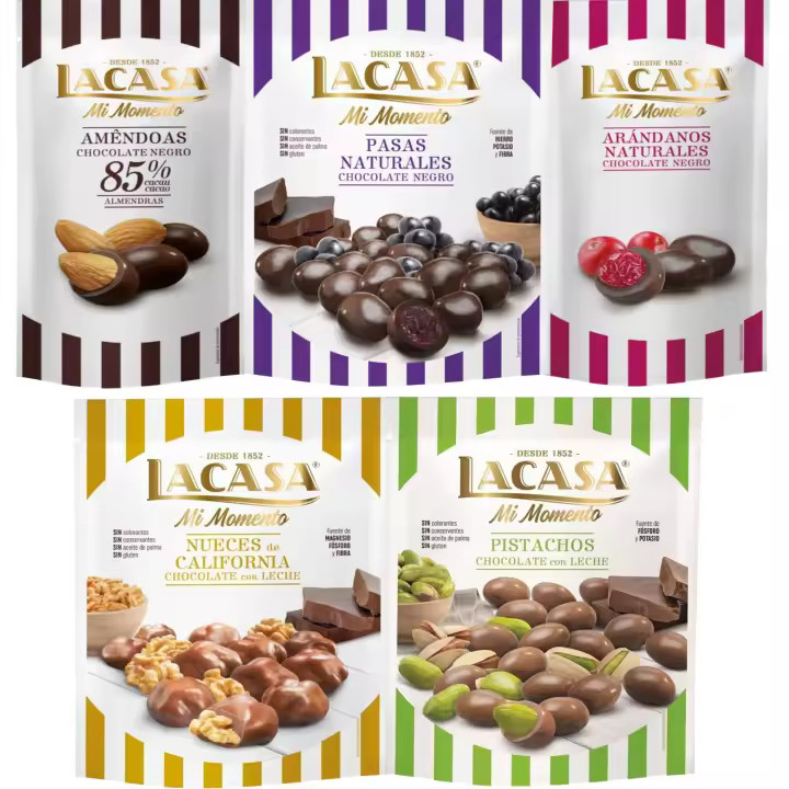 Lacasa Mi Momento pack de 5:Arándano choco Negro 60G,Almendra 85% 65G,Nueces Leche 115G,Pasas choco Negro 150G,Pistacho Leche 100G - 1