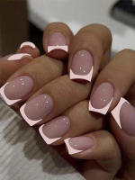 Juego De 24 Uñas Postizas Cortas Para Mujeres Y Niñas Con Diamantes Y Brillos Estilo Francés Cuadradas Blancas Y2K Arte De Uñas Falsas - details 1