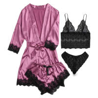 Conjunto De Pijama De Satén Para Mujer 4pcs Con Encaje Floral Camiseta Lencería De Dormir Y Bolero Pantalones Cortos Loungewear Rosa - details 5