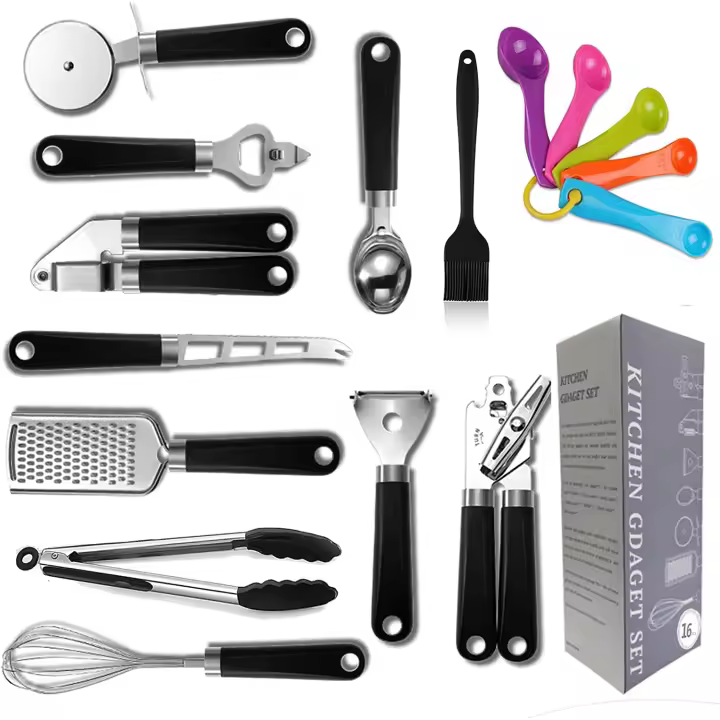 Juego De Cocina, Kit de 16 Utensilios para Cocina Acero Inoxidable Y Plastico ABS, Accesorios para Cocina,  Cuchara Para Helado, Cortapizza, Abrelata, Pinza Para Parrilla, Juego De Cucharas Medidoras MAS - 1
