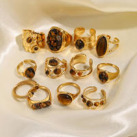 Encanto Anillos de piedra Natural ovalados de acero inoxidable con placa dorada, aro de dedo redondo geométrico para mujer, regalos de joyería Vintage simples y creativos - details 4