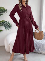 Vestido Largo De Primavera Verano Para Mujer Estilo Casual Color Sólido Cuello Polo Botones Mangas Flares Pliegues Centenares Vestido A-Line - details 8