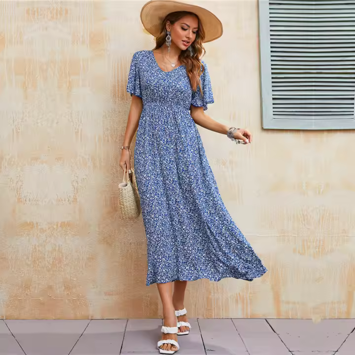 Vestido Bohemio Vintage De Verano Para Mujer Azul Con Cintura Elástica Estilo Casual Vestido De Playa Midi Con Mangas Butterflies - 1