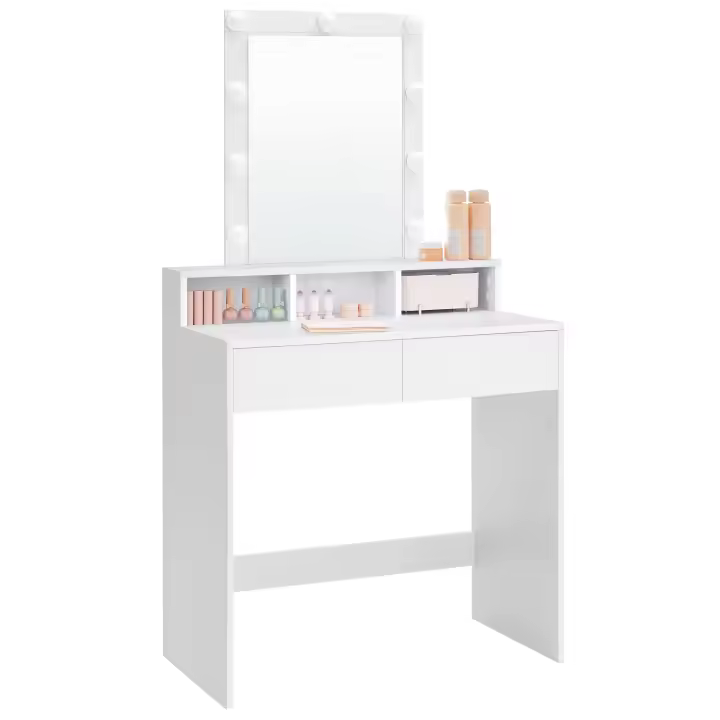 VASAGLE Tocador, Luces LED con Brillo Ajustable, Mesa de Maquillaje con Espejo, 2 Cajones y 3 Compartimentos, Moderno, Blanco - 1