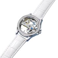 Reloj unisex automático OLEVS transparente de lujo, mecánico sin batería, elegante diseño visible, correa blanca de piel, estilo moderno para hombre y mujer, reloj de vestir clásico con maquinaria expuesta - details 2