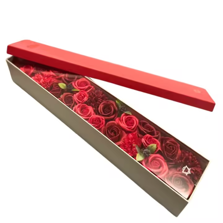 Caja Extra Larga - Rosas Rojas Clásicas - Bouquet Flores de Jabón - 50x8x9,5cm - 1