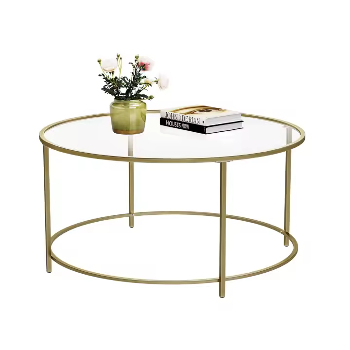 Mesa de centro redonda de cristal con marco de acero dorado, ideal para salón y café - 1