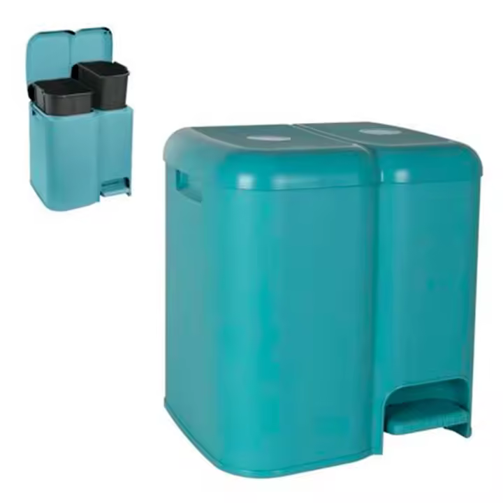 Tradineur - Cubo de basura doble de plástico con tapa, papelera, fácil apertura con pedal, contenedor almacenamiento de residuos, reciclaje, cocina (Azul delfín, 25 litros, 41,5 x 39 x 32 cm) - 1