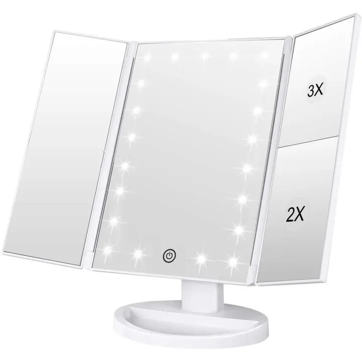 Espejo de maquillaje con 21 luces LED naturales, aumento 3X/2X, alimentación dual por USB y pilas (blanco) - 1