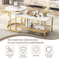Set de Mesas de Centro Modernas Doradas con Estante, Tablero Efecto Mármol Blanco, Mesa de Café Rectangular + Mesa Auxiliar Redonda, Diseño Nido para Salón - details 2