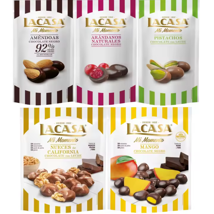 Lacasa Mi Momento pack de 5:Arándano  Negro 60 G,Pistacho  Leche 50 G,Almendra 92% 65 G,Nueces  Leche 115 G,Mango  Negro 115 G - 1