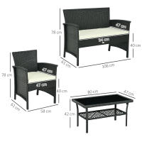 Outsunny Conjunto de Jardín de Ratán Sintético Juego de 4 Piezas Muebles de Jardín con 2 Sillones 1 Sofá Doble 1 Mesa de Centro con Tablero de Vidrio y Cojines Negro y Crema - details 2