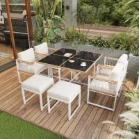 Juego de Mesa y Sillas de Comedor de Exterior de 7 Piezas, 6 Asientos, Mesa de Cristal Templado, Envuelve en Ratán PE, Tapa de Madera de Acacia con Apoybrazos, Jardines. - details 1