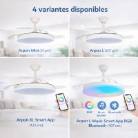 AkunaDecor- Ventilador de Techo Arpon Blanco con Aspas Retráctiles, Motor DC Ultra Silencioso, LED Regulable CCT 3 Tonos de Luz, 6 Velocidades, Función Verano Invierno, Temporizador, Mando y Smart App según modelo, 91cm 107cm 122cm y music. muy silencioso - details 0