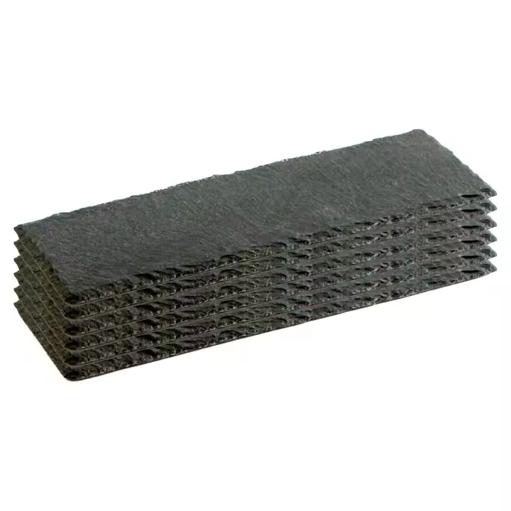 Tradineur - Pack de 6 bandejas rectangulares de pizarra, plato para hostelería, servicio y degustación, canto rústico, tabla de piedra natural para servir aperitivos - 25 x 10 cm - 1