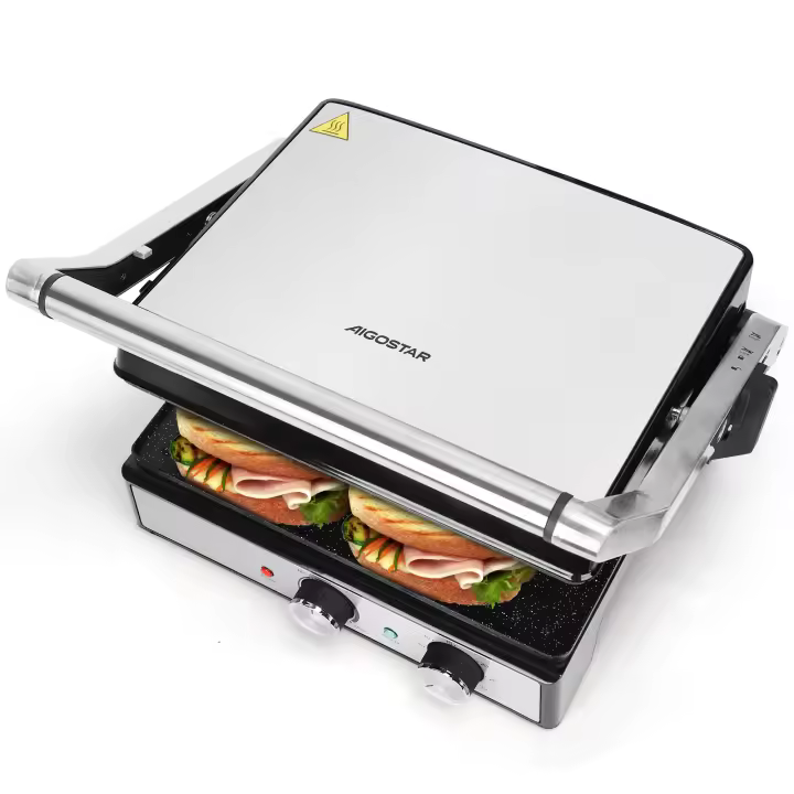 AIGOSTAR Parrilla Eléctrica, Grill, Panini, Sandwichera, 2000W. Regulador de temperatura, apertura 180º - 1