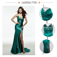 Vestido De Noche Elegante Para Mujer En Satén Verde Esmeralda Con Tirantes Spaghetti Cuello V Y Lazo Vestido De Boda Y Fiesta De Mujer Longitud Del Piés Traje De Novia - details 1