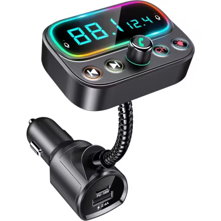 Transmisor FM Bluetooth con microfono dual, [Una Tecla para apagar FM] Kit de Manos libres inalámbrico para Automóvil con Puertos USB (QC3.0 AUX), colores con retroiluminación LED - 1