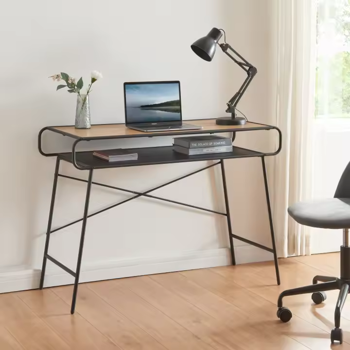 Escritorio Krødsherad con estante metal MDF 76x106x46cm - Negro/Roble [en.casa] - 1