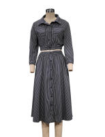 Conjunto De Vestido Elegante Para Mujer BAMBOOBOY Azul Rayado Con Manga Larga Botones Y Shorts Camisa De Cuello En V Y Falda Plisada Cintura Alta Talla MÁS GRANDE Estilo De Calle Moda Verano - details 13