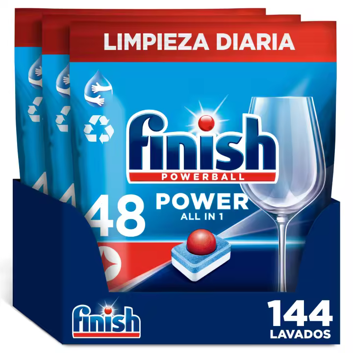 Finish Powerball Power All in 1 Pastillas para lavavajillas Regular 144 pastillas, Limpieza y Brillo Diario - 1