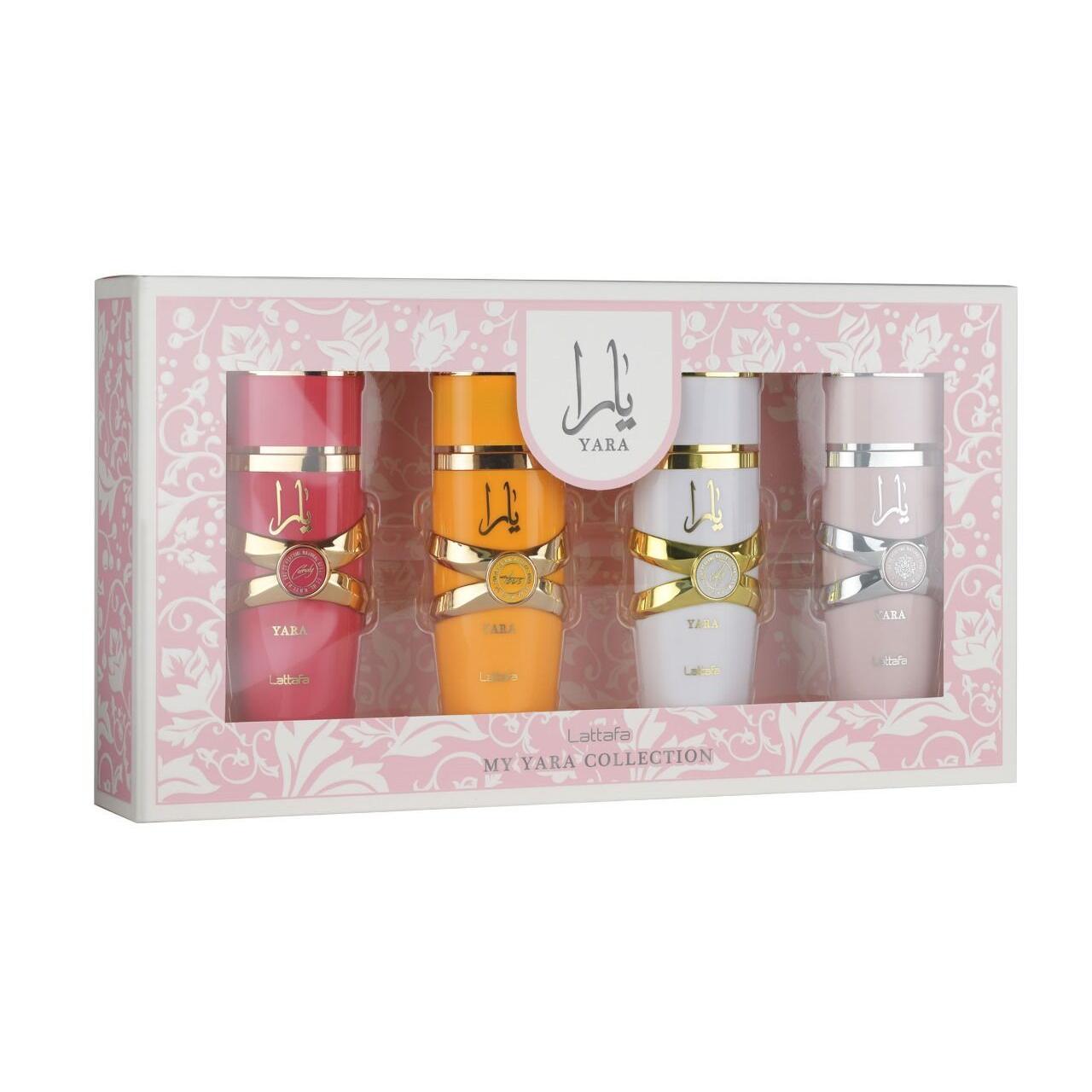 Pack 4 perfumes My Yara Lattafa , set regalo ( 4 x 25ml.) de la colección Yara en los colores de mujer . YaraRosa , Yara Candy , Yara Moi y el lattafa Yara Tous. 100 % originales. El regalo perfecto