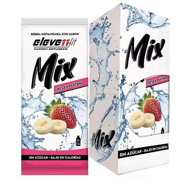 Eleven Fit Mix Instantáneo, Caja de 12 Sobres Sabor Plátano Y Fresa - Prepara 1.5L de Bebida Saludable - Sin Azúcar, Baja en Calorías y Carbohidratos - Ideal para Agua/Leche, Cocinar y Preparar Postres - Mejora tu Dieta - Apto para Adultos y Niños - 1