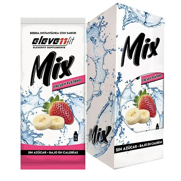 Eleven Fit Mix Instantáneo, Caja de 12 Sobres Sabor Plátano Y Fresa - Prepara 1.5L de Bebida Saludable - Sin Azúcar, Baja en Calorías y Carbohidratos - Ideal para Agua/Leche, Cocinar y Preparar Postres - Mejora tu Dieta - Apto para Adultos y Niños - 1