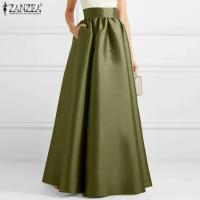 ZANZEA Falda Larga De Seda A-Line Elegante De Verano Para Mujer Cintura Alta Sólida Casual Fiesta OL Trabajo Sin Estirar Polyester - details 5