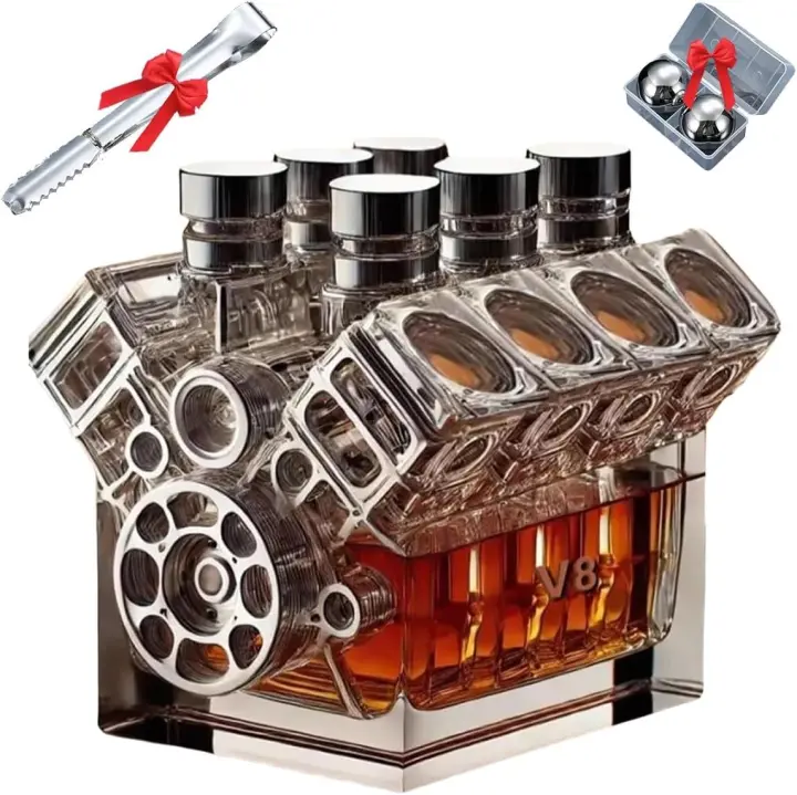 Botella de whisky con motor V8, termo con motor V8, decantadores de licor de tequila, whisky, bourbon y coñac, decantador creativo de cristal con motor, elegante decoración para el bar del hogar, taza de café para amantes de los coches (2 unidades - 1) - 1