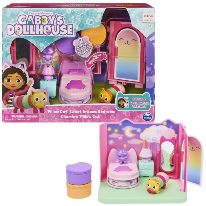 SPIN MASTER - LA CASA DE MUÑECAS DE GABBY - EL DORMITORIO DE SUEÑIGATA - El Dormitorio de Sueñigata de La Casa de Muñecas de Gabby con 1 Figuras, 3 Accesorios, 2 Caja Sorpresa y 3 Muebles - 6062037 - Juguetes Niños +3 años - 1