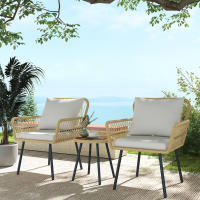 Outsunny Conjunto de Mesa y Sillas de Jardín Exterior Juego de 3 Piezas Sillas y Mesa de Ratán con 2 Sillas 1 Mesa de Centro Redonda y Cojines para Terraza Césped Balcón Natural - details 1