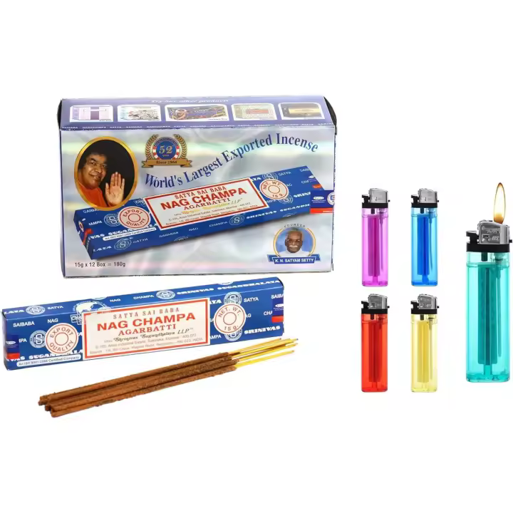 Kit de Incienso Nag Champa Satya, 12 Paquetes X 15g + 5 Mecheros Desechables con Piedra - 1