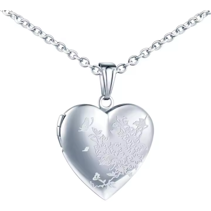 Colgante de Corazón with Flores y Mariposas, Collar Medallón Photo Personalizado para Mujer, Maple inoxidable Collar Relicarios para 2 Fotos Joyería Cadena 50cm - 1
